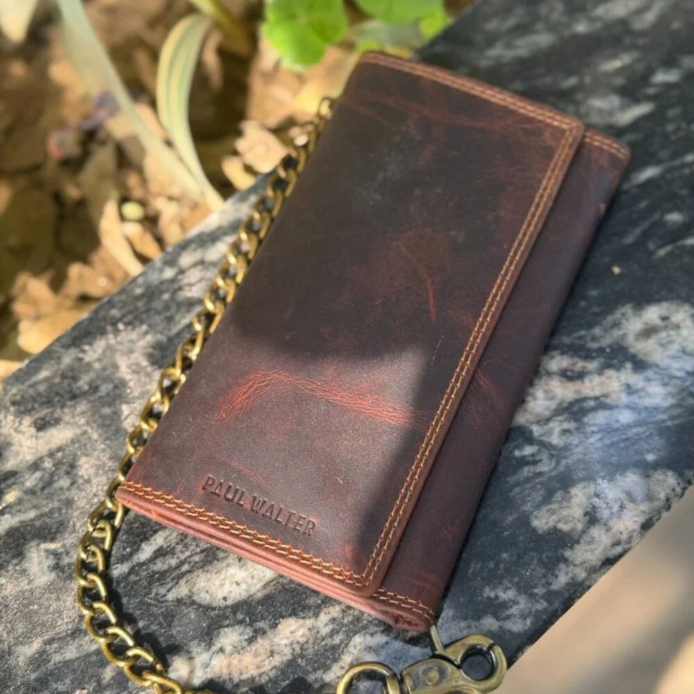 Men’s Leather Biker Chain Wallet – RFID Trifold Trucker Wallet